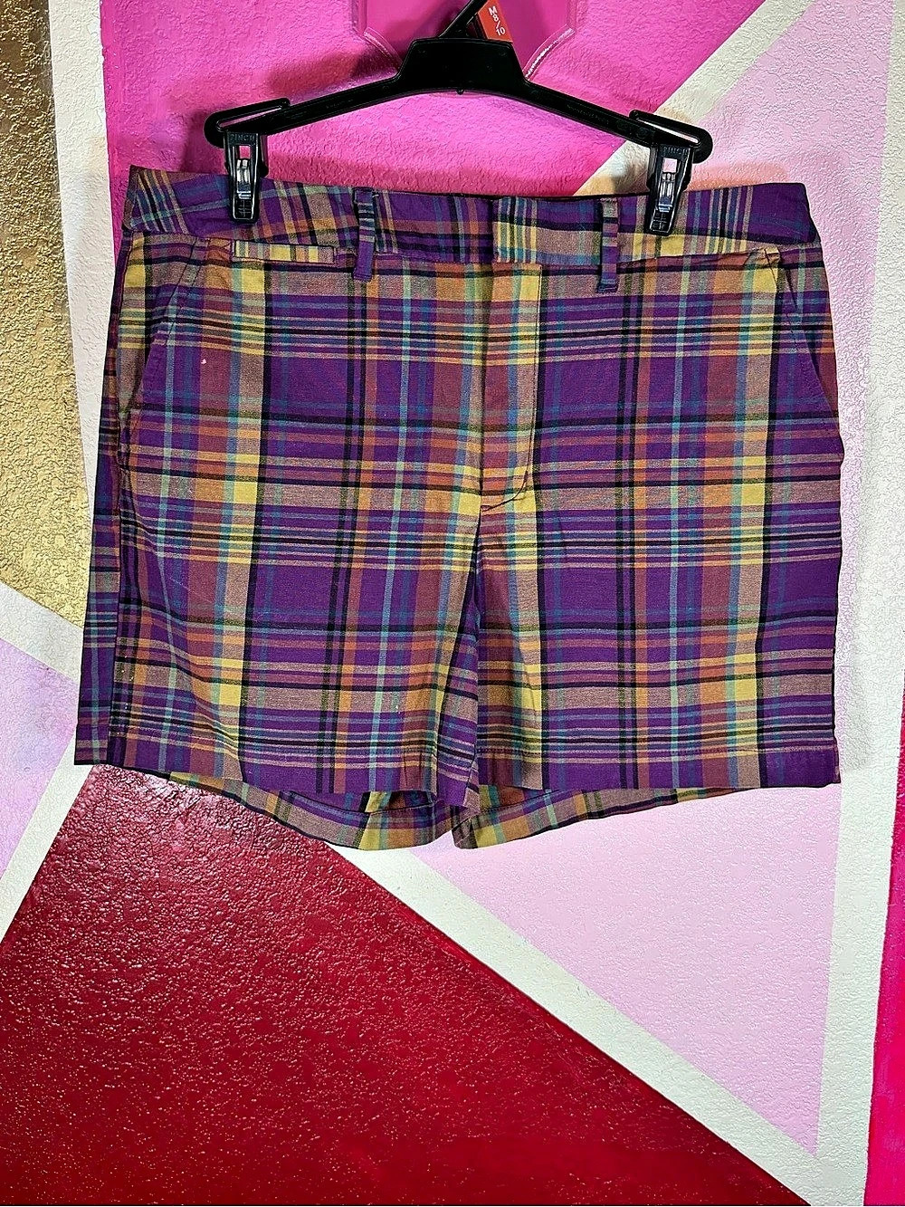 Purple Plaid Madras Shorts Retro Preppy Mustard Teal High Rise Summer